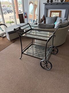 wrought iron and glass bar cart
