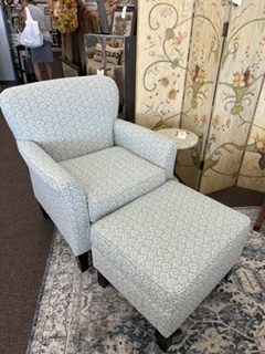 Coastal Blue Cream Geometric Chair and Ottoman