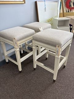 Three Linen Nail Head Counter-Height Stools
