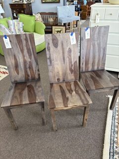 Three Patterned Wood Dining Chairs